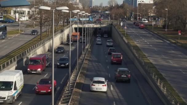 MUNICH - NOVEMBER 21: Locked down real time establishing shot of a highway in Munich. Traffic on the road, November 21, Munich. — Stock Video