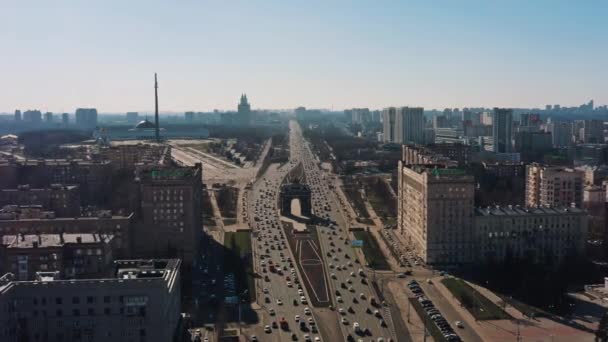 MOSCOW, RUSSIA - JUNE 10, 2019: Aerial drone top shot over large Moscow city road under bright sky — Stock Video