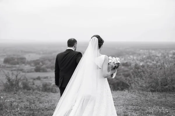 Sposa e sposo a piedi il giorno del matrimonio — Foto Stock