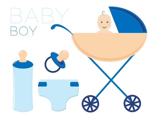 Дитина в колясці. Хлопчик - новонароджений. У нього є сосок, пляшка і підгузник. Набір ілюстрацій . — стокове фото
