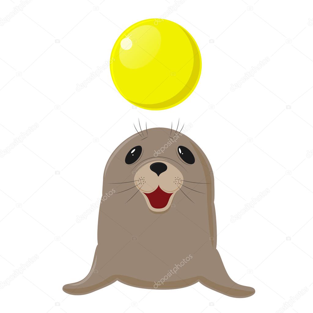 Fur seal. Circus show with animals. Sea dog plays with a yellow ball.