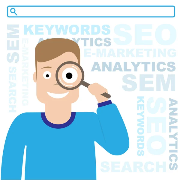 SEO optimization. Sem and e-marketing. The guy is holding a magnifying glass. Flat illustration — Stock Vector