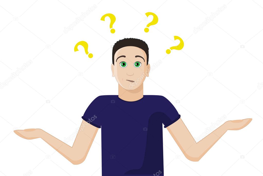 The confused guy does not know answer to question, spread hands. Signs question overhead. Interrogative look. Emotions of unknowing