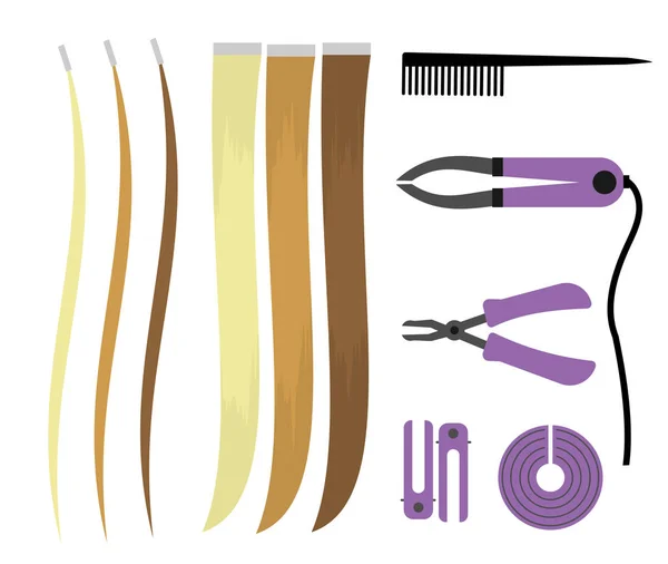 Conjunto de ilustrações de ícones de extensões de cabelo. Ferramentas de cabeleireiro para o procedimento. Cachos aéreos — Vetor de Stock