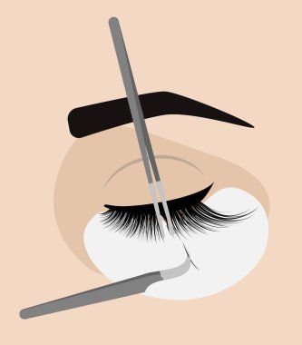 Procedure for eyelash extension. Master tweezers add the false or fake cilia to the client.