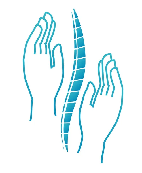 Quiropráctica o logotipo de masoterapia. Terapia manual. Icono médico. La mano se sostiene en la parte posterior. Señal espina dorsal — Vector de stock