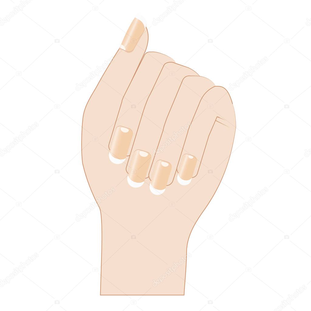 Nail extension. Natural French manicure. The woman hand bent into a fist. Femenism