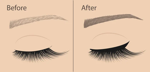 Permanent makeup. Eyeliner and correction eyebrow shaping. Before and after. Salon procedure. — Stock Vector