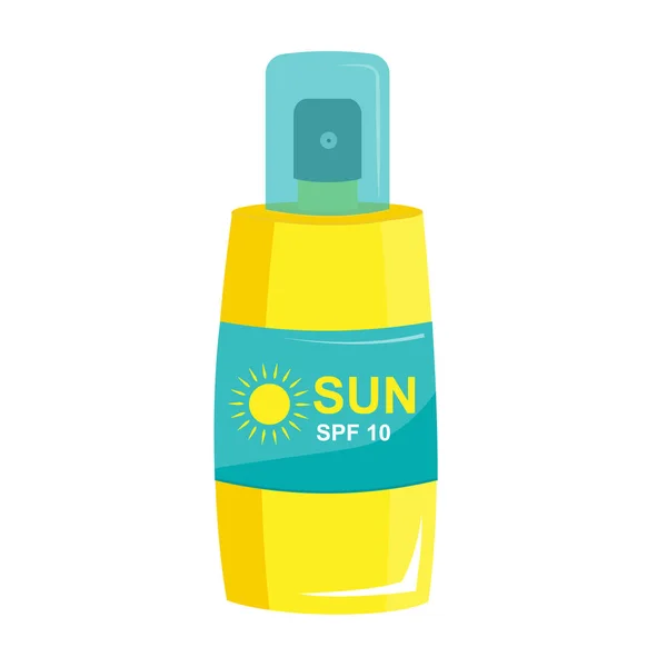 日焼け止めスプレーのボトルで。日光浴のための化粧品。日光から保護します。日焼けと日焼け. — ストックベクタ