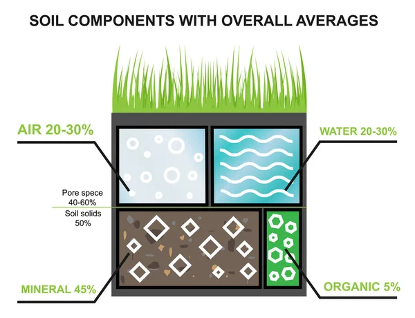 Componentes del suelo. Infografías de la industria agroindustrial. Porcentaje de agua, minerales, oranica y aire en el suelo — Vector de stock