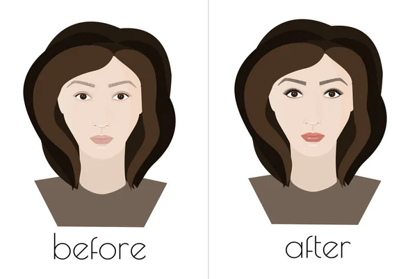 Permanent makeup. The face of the girl before and after the cosmetic procedure. — Stock Vector