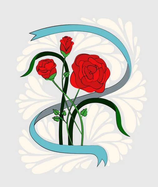 Ένα μπουκέτο από τρία τριαντάφυλλα και μια κορδέλα. Ζωγραφισμένο στο στυλ της παλιάς σχολής ή vintage — Διανυσματικό Αρχείο