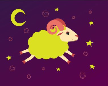 Kuzu yıldızlı gökte yıldızlar arasında karşılıklı seferleri bulunuyor. bir ninni ve yatmadan illüstrasyon baa-kuzu sembolü