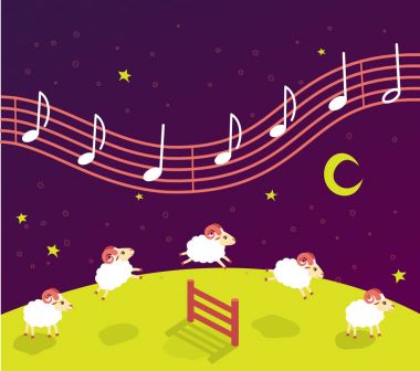 baby song lullaby before bedtime. Lambs jump over the fence. music in the starry sky clipart