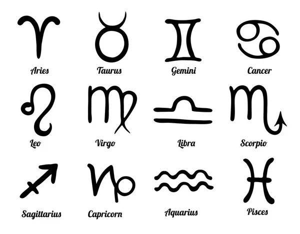 Conjunto de 12 signos do zodíaco desenhados à mão. Símbolos astrológicos negros — Vetor de Stock