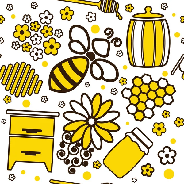 Modello di cartone animato senza cuciture con barattoli di miele e ape . — Vettoriale Stock