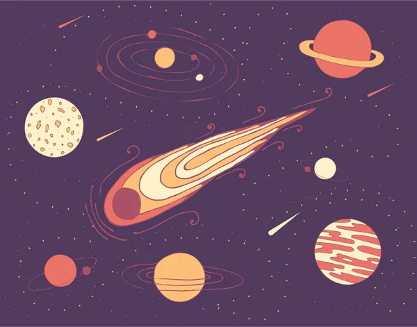 Space illustrationa of cosmic planets, a meteorite and a galaxy in starry sky. — Stock Vector