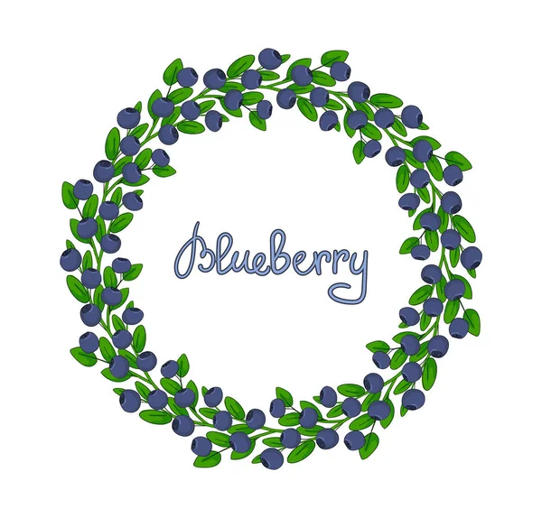 A wreath of blueberries. Ornament leaves and berries of bilberries on a branch. Decorative element Forest plant huckleberry. Isolated garland of twig whortleberry or blueberry . Hurtleberry — Stock Vector