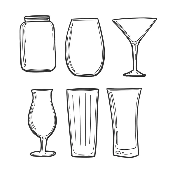 Glasses set. Sketch glasses in black strokes. To design a cocktail card or menu restaurant. — Stock Vector