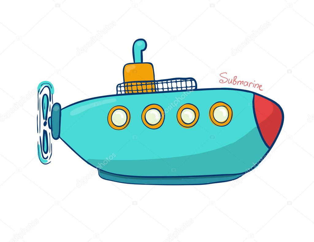 submarine in bright colors. Illustration of an underwater theme. Water transport