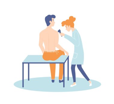 Medical procedure dermatoscopy. A dermatologist examines a patients skin.