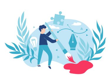 Adam fırçayla resim yapıyor. Tasarımcı veya sanatçı çizer.