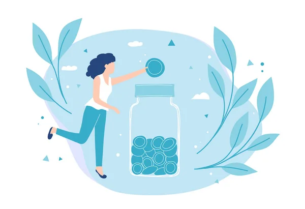 Dziewczyna stawia monetę w moneybox. Oszczędności i inwestowanie pieniędzy Ilustracja Stockowa