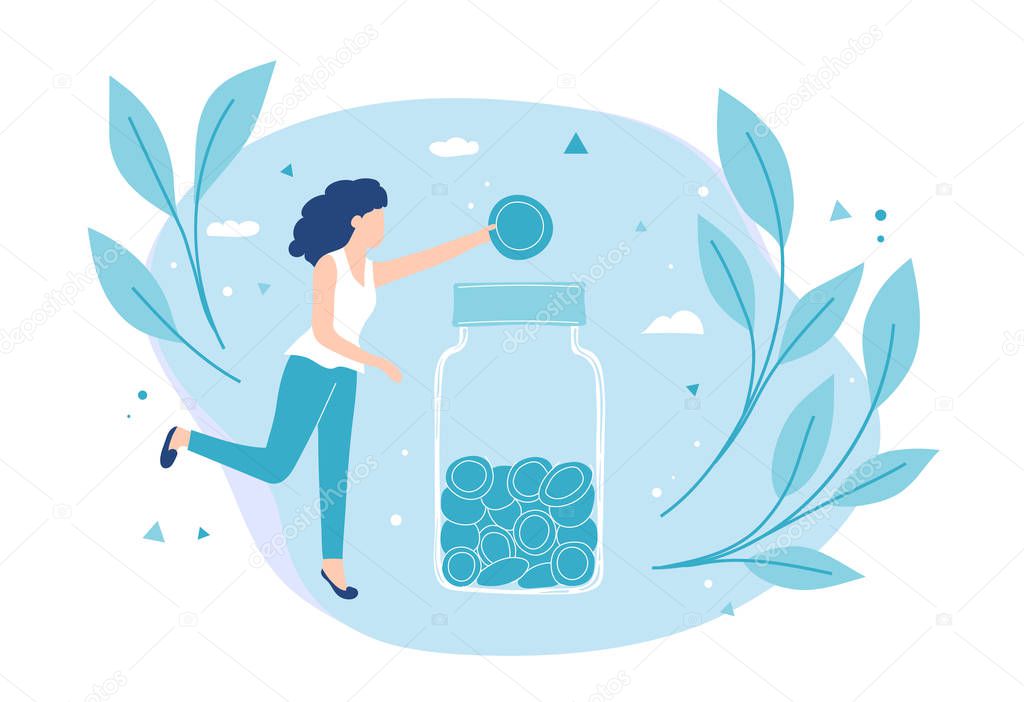 Girl puts a coin in a moneybox. Savings and investing money