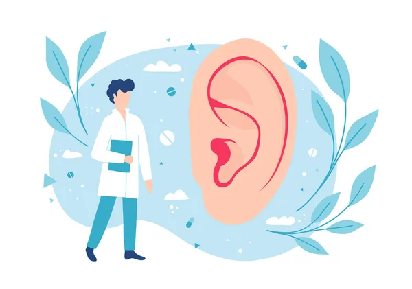 Otolaryngologist examines the ear. ENT consults. Hearing and deafness. — 스톡 벡터