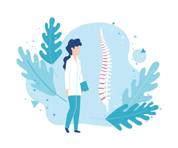 Orthopedist examines the spine. Physiotherapy and rehabilitation after injury. — Stock Vector