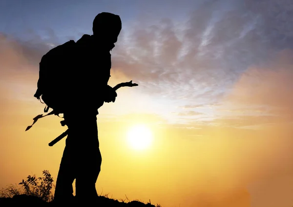 Silhouette Adventurer Top Volcanic Mountain Sunrise — Stock Photo, Image