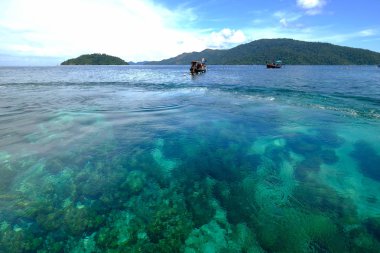 Ahşap bir geleneksel tekne tropikal Andaman Denizi'nin güzel sahne.