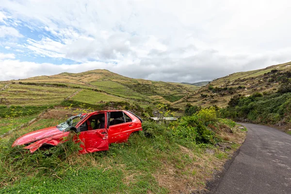 Abandoned Smashed Red Car Side Road Rural Flores Portugal — Stock Photo, Image