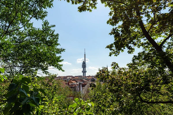 Çek Cumhuriyeti 'nin Prag kentindeki Vitkov parkından Ziskov Televizyon Kulesi' nin görüntüsü.