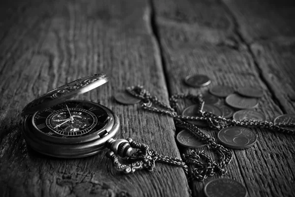 Black White Image Antique Pocket Watch Old Coins Rough Table — Stock Photo, Image