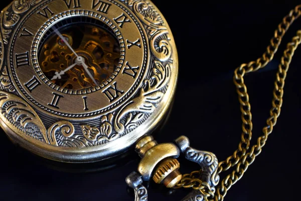 Top View Image Antique Pocket Watch Black Glass Table Top — Stock Photo, Image