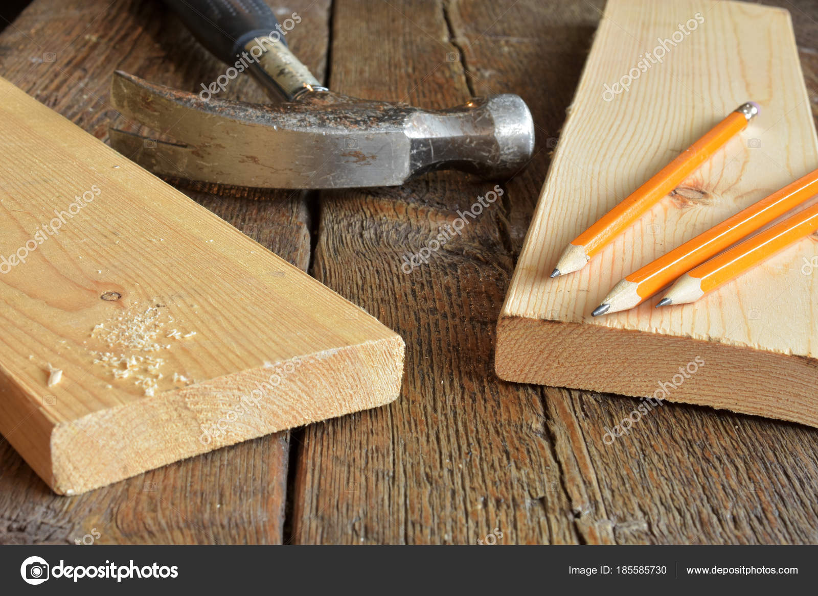 Close Image Hand Tools Wooden Carpentry Work Bench Stock Photo