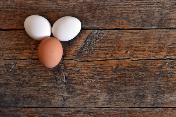 Top View Image Three Farm Fresh Organic Eggs Rustic Wooden — Stock Photo, Image