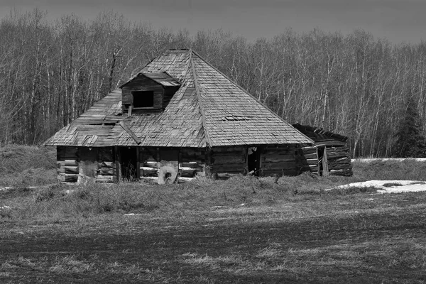 Μια Ασπρόμαυρη Εικόνα Μιας Παλιάς Τρέχει Κάτω Από Σπίτι Χειμώνα — Φωτογραφία Αρχείου
