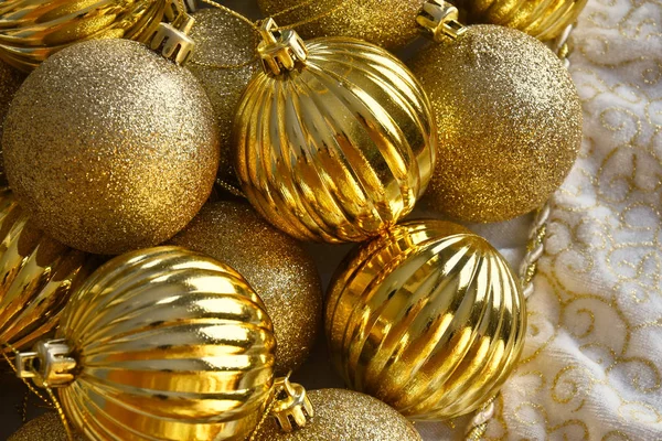 Top View Image Sparkling Gold Christmas Tree Decorations White Fabric — Stock Photo, Image