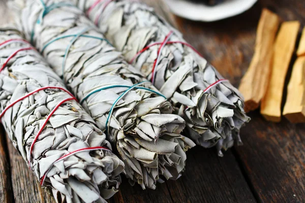 Close Image Three White Sage Smudge Sticks Palo Santo Sticks — Stock Photo, Image