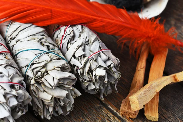 Eine Nahaufnahme Von Drei Weißen Salbeistäbchen Und Einer Leuchtend Orangefarbenen — Stockfoto