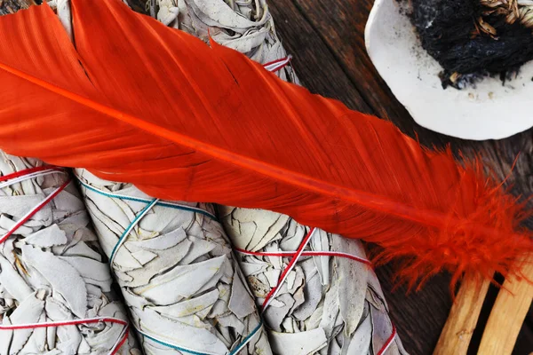 三根白色鼠尾草棒和一根明亮的橙色羽毛用于能量清除和加热的特写图像 — 图库照片