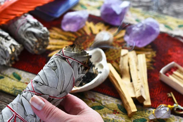 Close Image Female Hand Holding Smoldering White Sage Smudge Stick — Stock Photo, Image