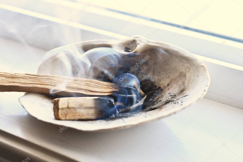An image of a burning palo santo smudge stick in a seashell on a white window ledge. 