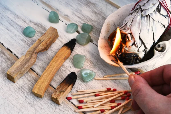 Close Image Hand Holding Lit Match White Sage Smudge Stick — Stock Photo, Image