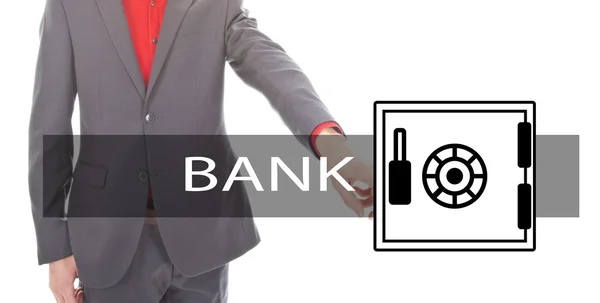 Молодой бизнесмен с банковским сейфом изолирован на белом фоне — стоковое фото