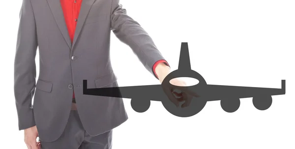 Молодой бизнесмен с самолетом изолированы на белом фоне — стоковое фото