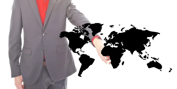 Jeune homme d'affaires avec carte du monde noir sur fond blanc — Photo