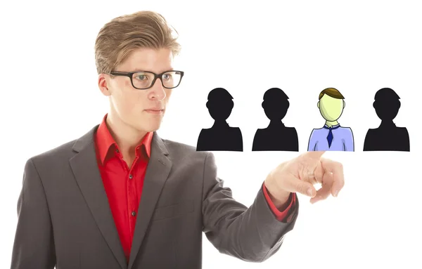 Jovem homem de negócios selecionando amigos virtuais isolados no fundo branco — Fotografia de Stock